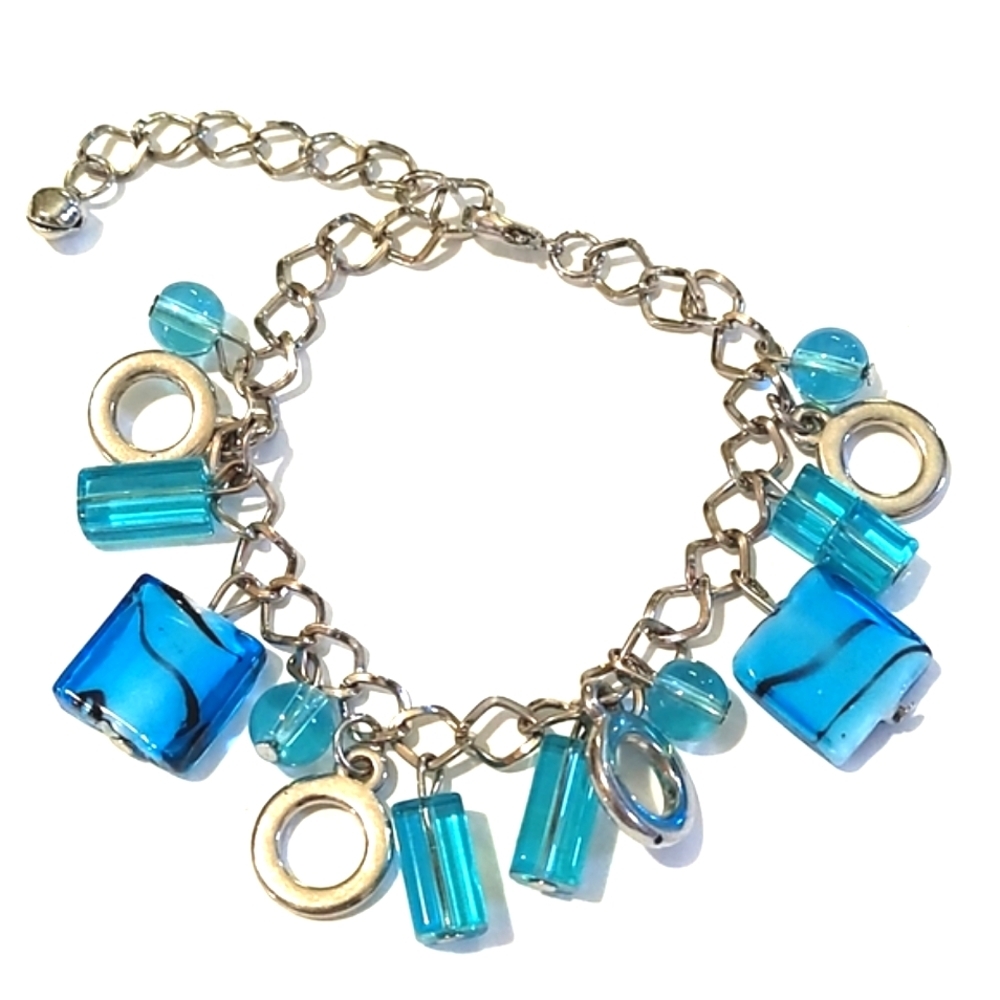 VINTAGE SHADES OF BLUE GLASS BEADS SILVER-TONE DANGLE ADJUSTABLE 6-9" BRACELET